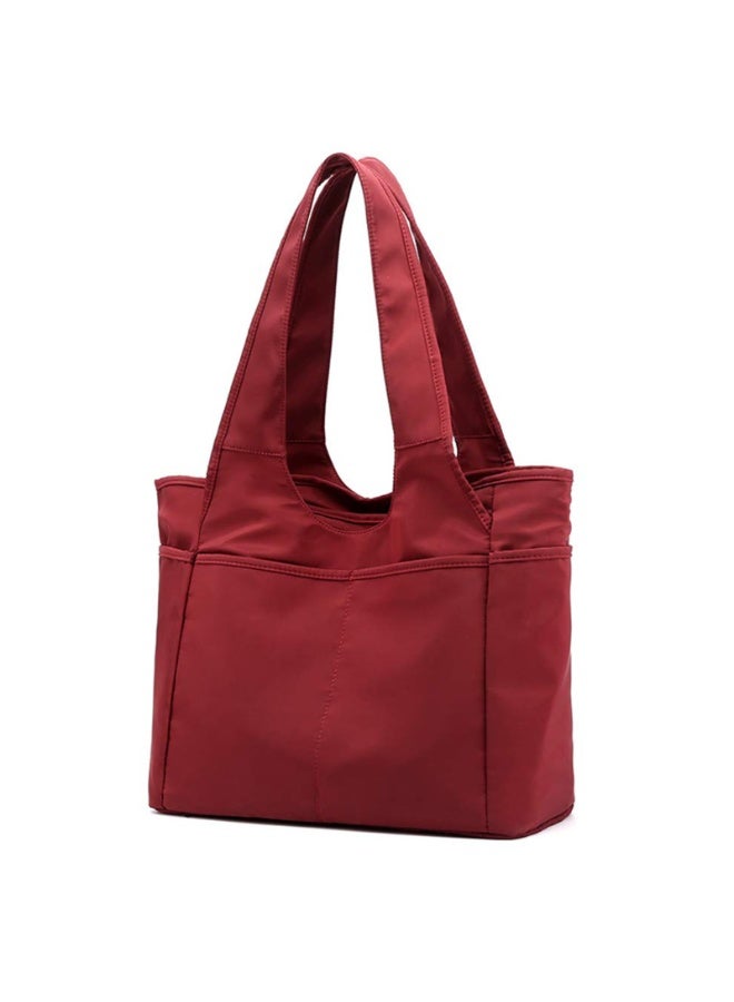 Women's Multi-Pocket Nylon Tote Shoulder Bag, Water Resistant Travel Handbag, Red - Image 2