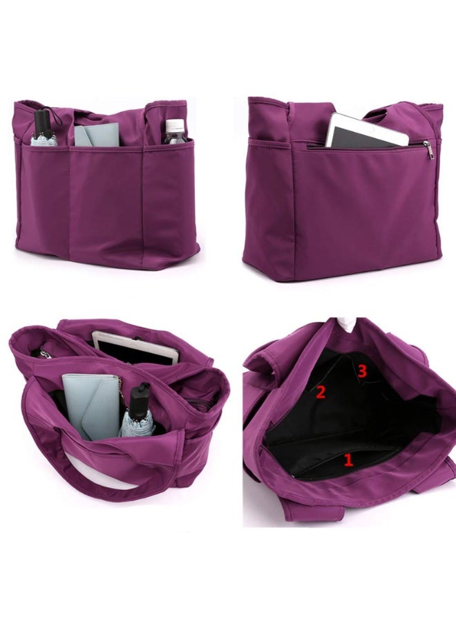 Women's Multi-Pocket Nylon Tote Shoulder Bag, Water Resistant Travel Handbag, Red - Image 3