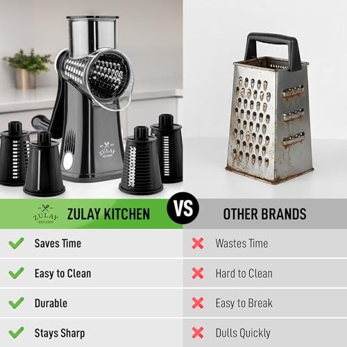 Zulay Kitchen Rotary Cheese Grater 5 Blade Cheese Shredder Manual Hand Crank Cheese Grater With Reinforced Suction 5 Interchangeable Drums Easy to Use Vegetable Chopper Round Mandoline Slicer - Image 3
