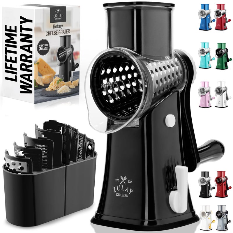 Zulay Kitchen Rotary Cheese Grater 5 Blade Cheese Shredder Manual Hand Crank Cheese Grater With Reinforced Suction 5 Interchangeable Drums Easy to Use Vegetable Chopper Round Mandoline Slicer - Image 2