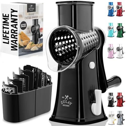 Zulay Kitchen Rotary Cheese Grater 5 Blade Cheese Shredder Manual Hand Crank Cheese Grater With Reinforced Suction 5 Interchangeable Drums Easy to Use Vegetable Chopper Round Mandoline Slicer - Image 1
