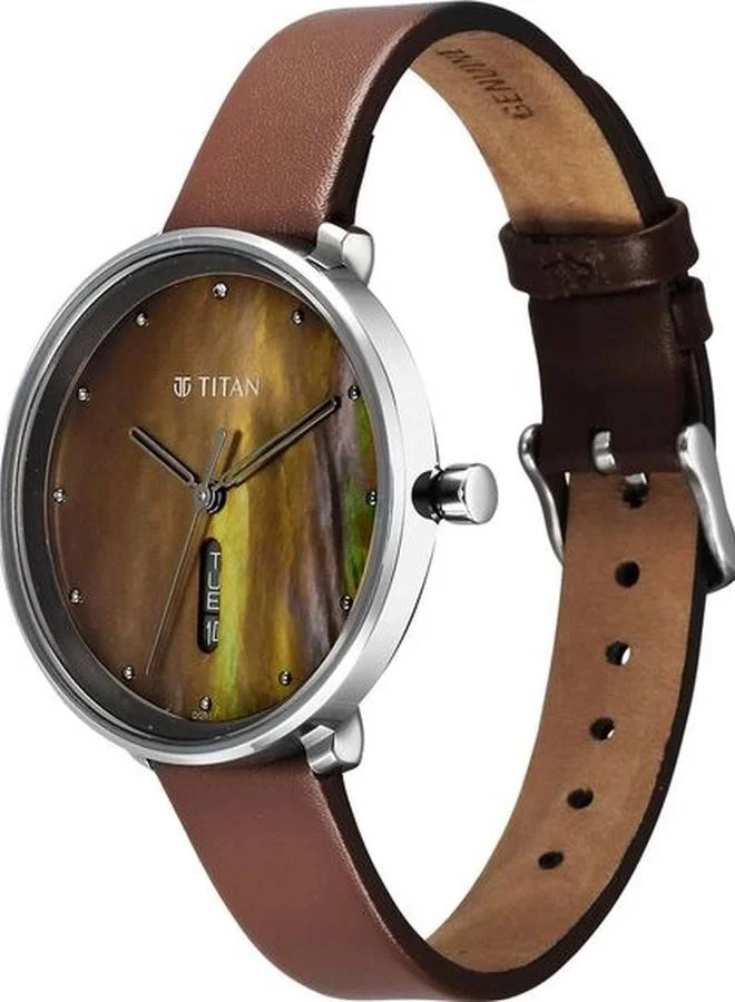 تيتان ساعة نسائية بعقارب وسوار جلد بني