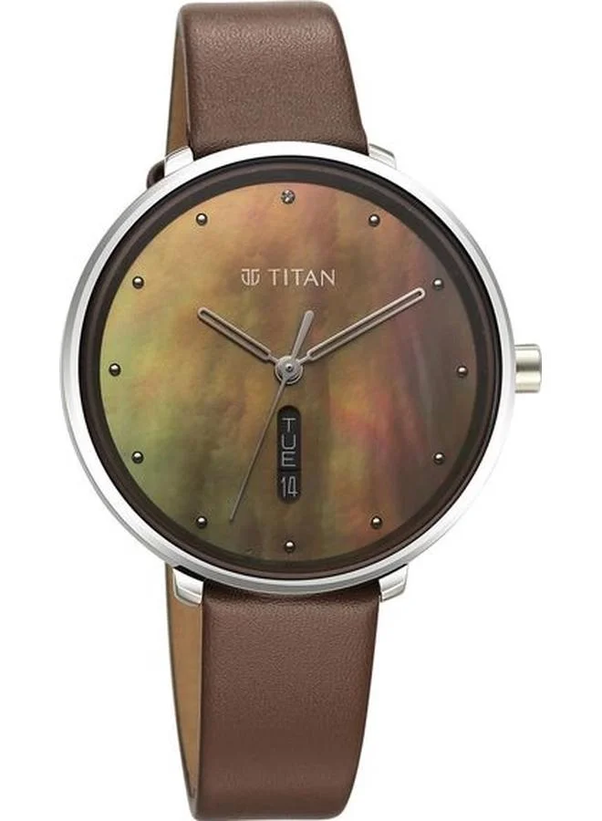 تيتان ساعة نسائية بعقارب وسوار جلد بني
