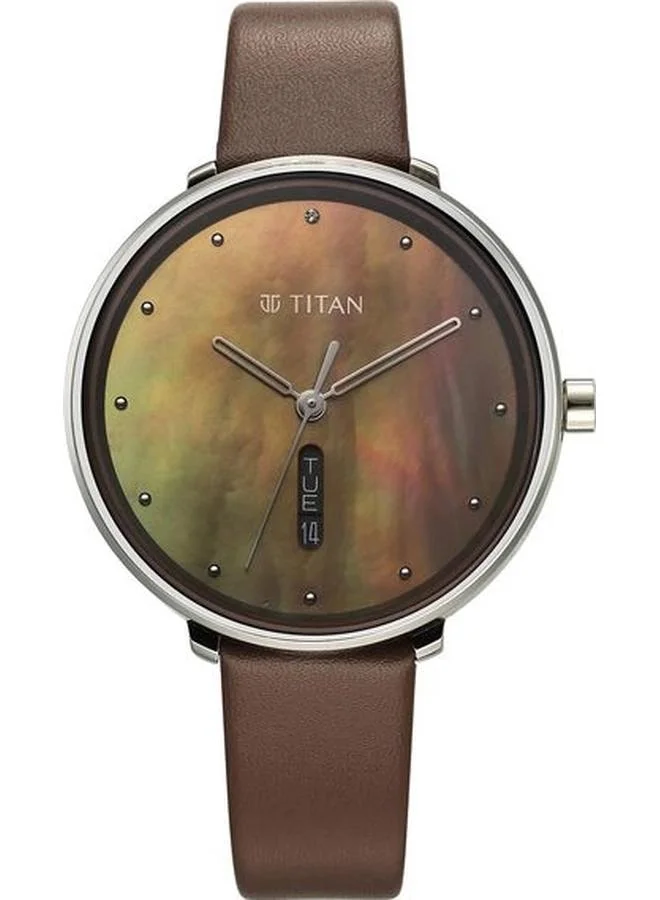 تيتان ساعة نسائية بعقارب وسوار جلد بني