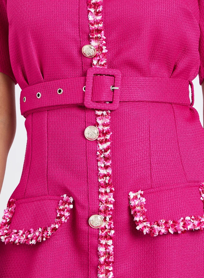 Styli Women Tweed Look Midi Evening Dress with Belt