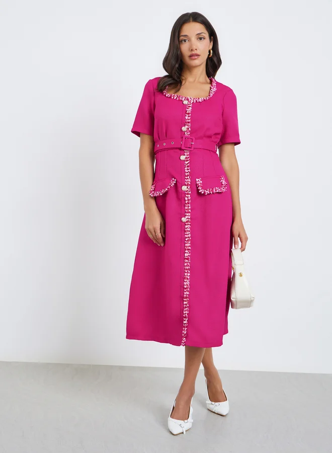 ستايلي فستان سهرة ميدي نسائي بتصميم تويد مع حزام