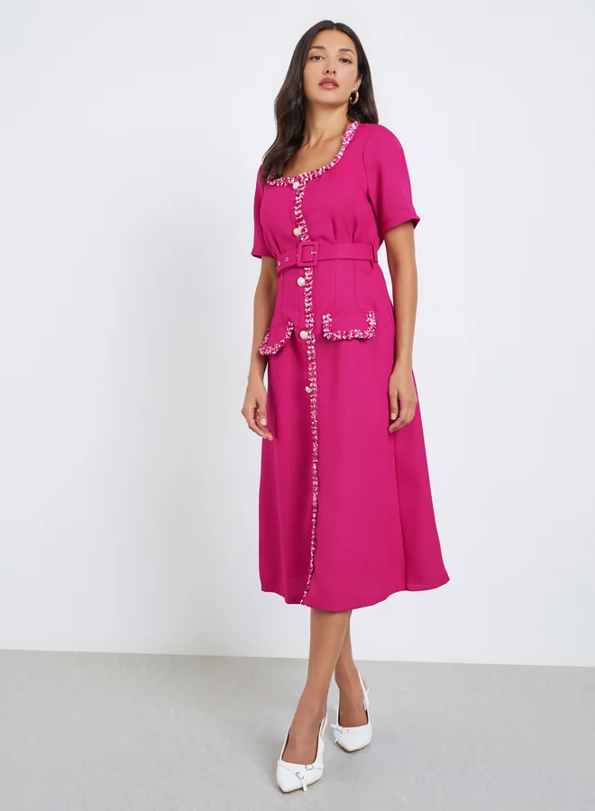 Styli Women Tweed Look Midi Evening Dress with Belt