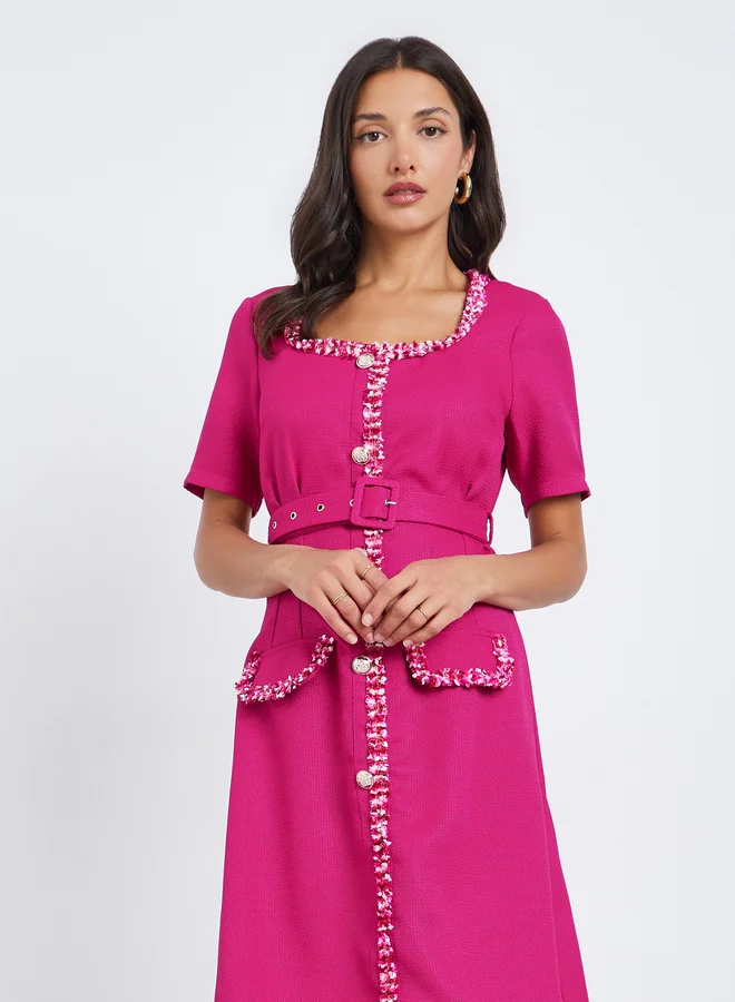 ستايلي فستان سهرة ميدي نسائي بتصميم تويد مع حزام