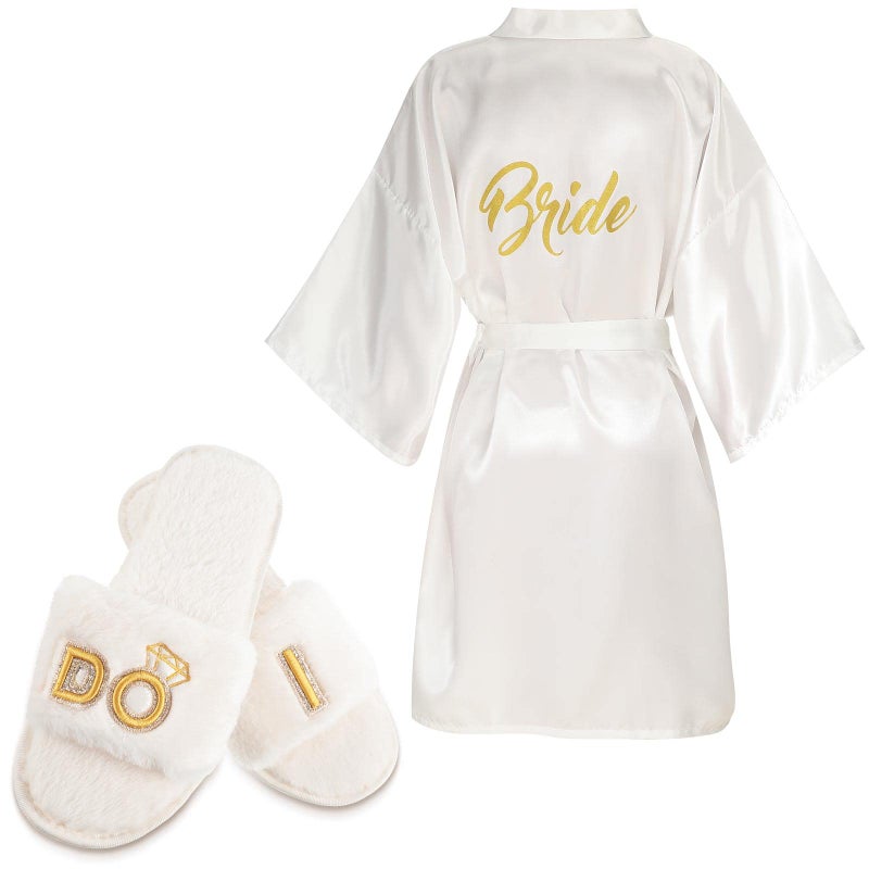 Jiuguva Bride Robe and Slippers for Wedding Day Bridesmaid Bridal Shower Gifts for Bachelorette PartyLWhite