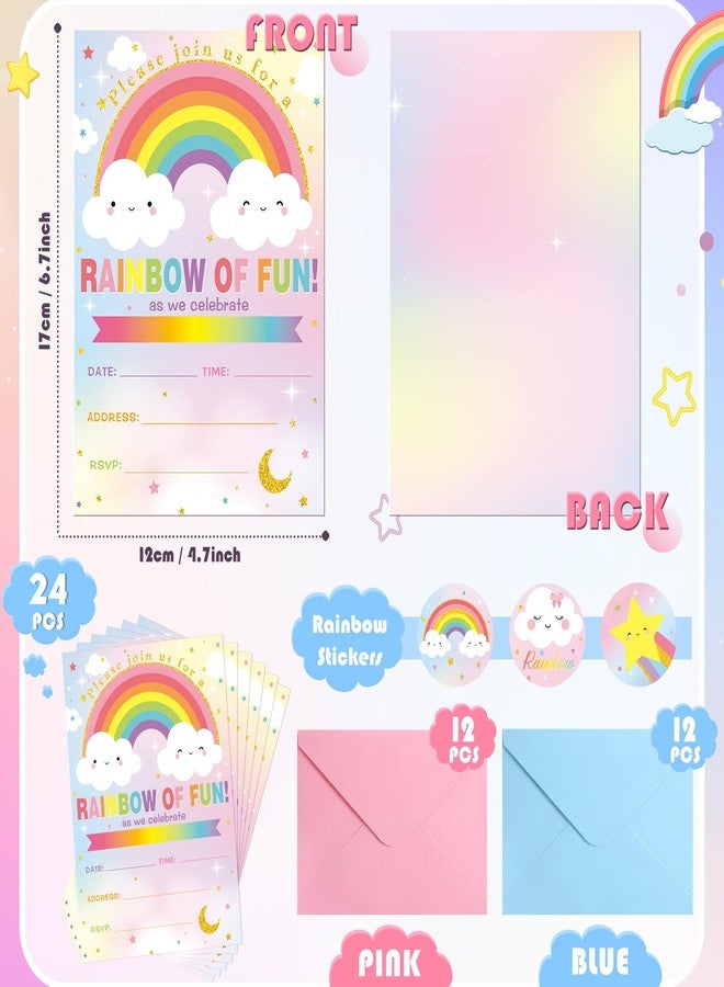نيزيو مجموعة نيزيو المكونة من 24 مجموعة دعوات عيد ميلاد بألوان قوس قزح مع أظرف وملصقات لحفلات البنات، ودعوات حفلات للأطفال، وديكورات حفلات استقبال المولود الجديد بألوان قوس قزح - Image 2