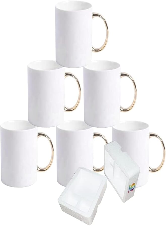 MR.R Grade AAA Sublimation Blanks 6 Sets Dishwasher White Ceramic Coffee Mugs with golden handle 11oz Blank Ceramic Classic Drinking Cup Mug For Milk Tea Cola Water Set of 6 with Safe Package