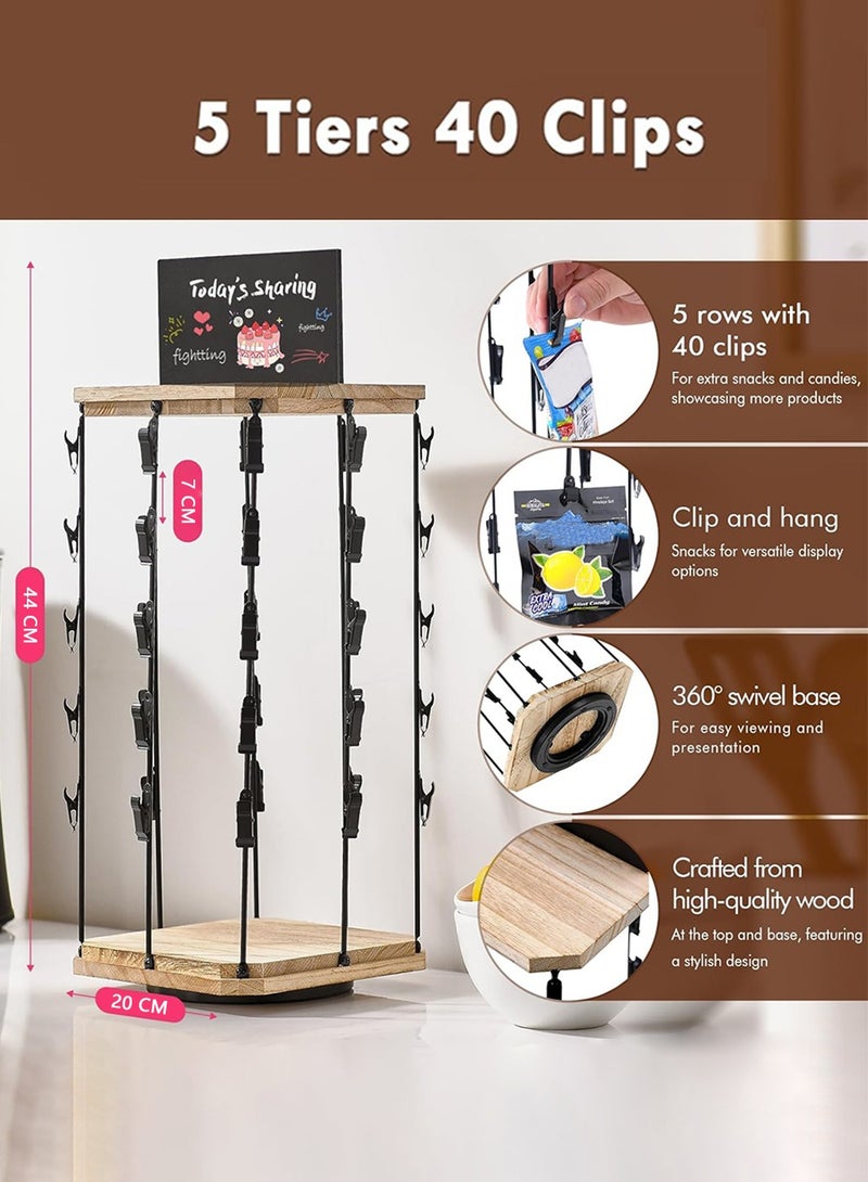 لينند حامل عرض رقائق البطاطس، منظم للوجبات الخفيفة من 5 طبقات و40 مشبكًا للمكتب، حامل رقائق البطاطس بقاعدة خشبية دوارة 360 درجة لعرض الحلوى على حامل الامتيازات، سطح الطاولة، الحفلات، مع لوحة رسائل - Image 3
