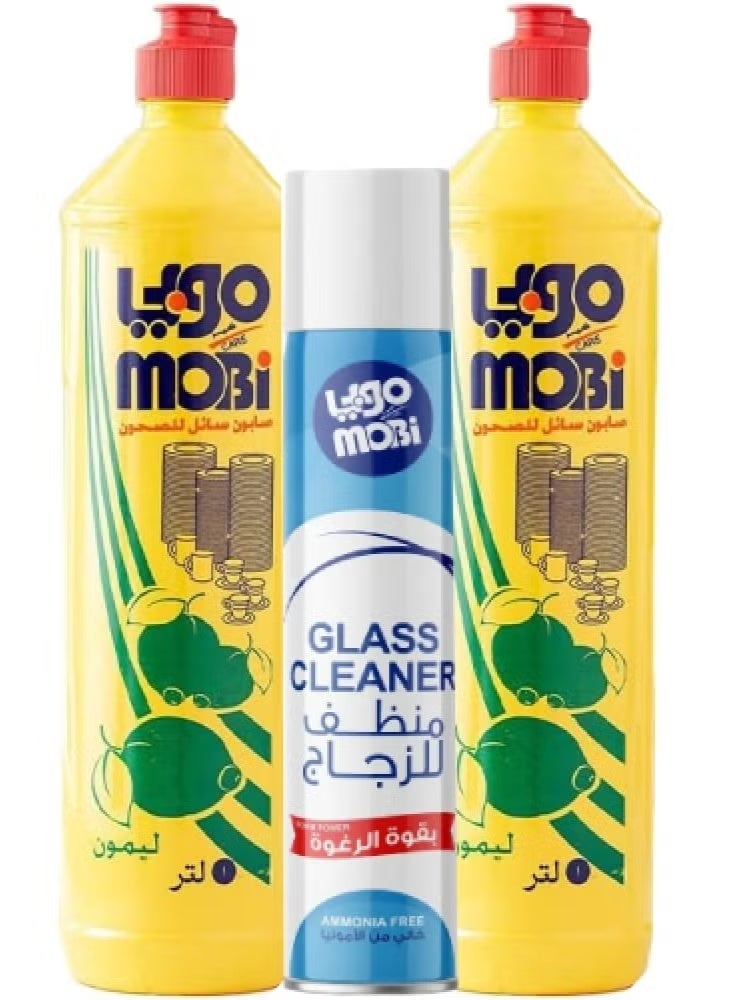 Moby Lemon Dishwashing Liquid 2 x 1 Liter + Glass Cleaner 400ml