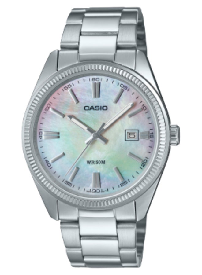 ساعة يد دائرية الشكل بسوار من الفولاذ المقاوم للصدأ تناظرية MTP-1302DS-7AVDF