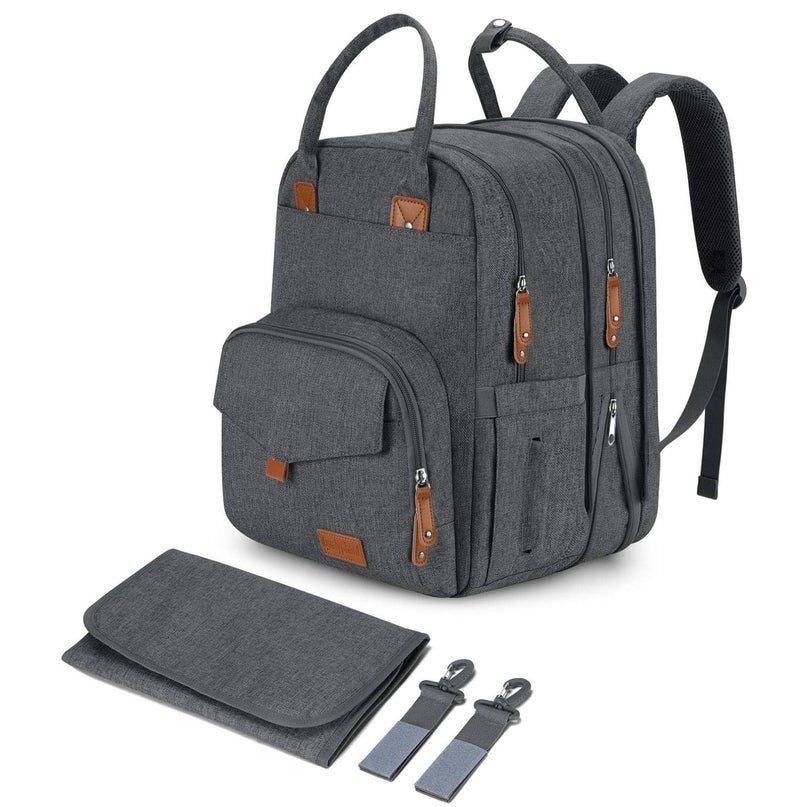 Qualyphant Extra Large Diaper Bag Backpack for Two Kids Twins - Expandable Baby Bag (26-36L), Dual Big Compartments - Includes Changing Pad & Stroller Straps, Unisex Dark Grey - Image 1