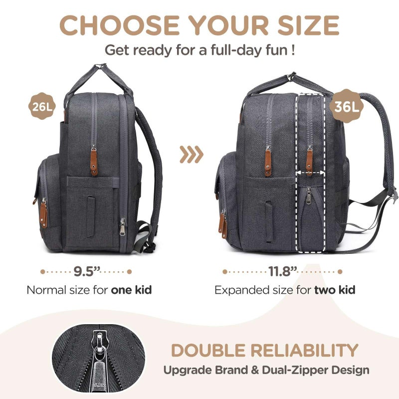 Qualyphant Extra Large Diaper Bag Backpack for Two Kids Twins - Expandable Baby Bag (26-36L), Dual Big Compartments - Includes Changing Pad & Stroller Straps, Unisex Dark Grey - Image 2