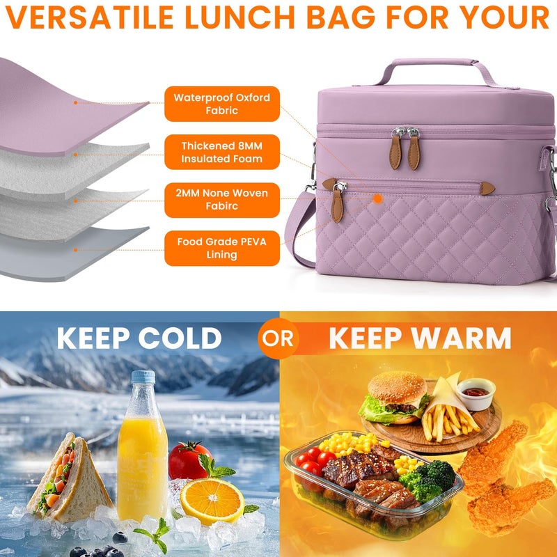 Tenot Insulated Lunch Box for Women Reusable, Leak Proof Cooler Lunch Bag Women for Work Stylish Quilted Lunch Tote Bag for Adult Picnic Travel Hiking Purple - Image 3