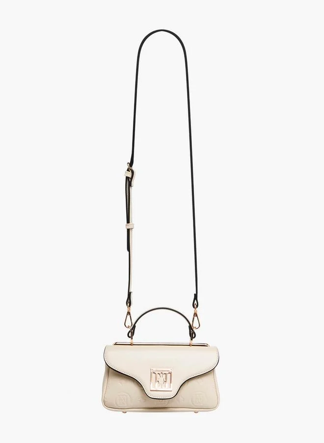 ELLE Monogram Embossed Satchel Bag with Detachable Strap and Flap Closure