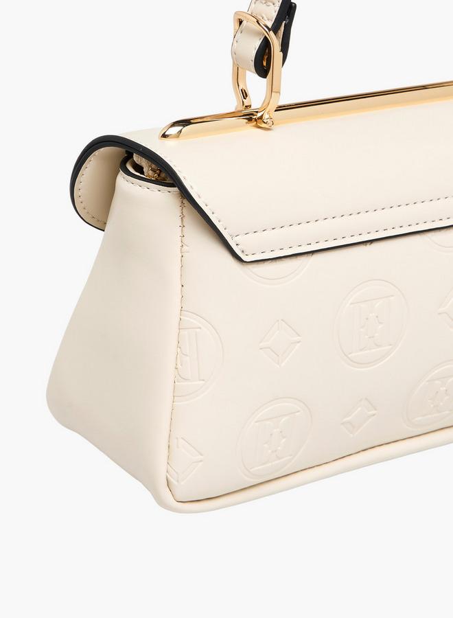 ELLE Monogram Embossed Satchel Bag with Detachable Strap and Flap Closure - Image 5