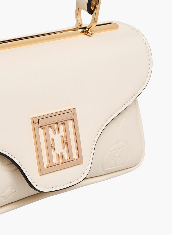 ELLE Monogram Embossed Satchel Bag with Detachable Strap and Flap Closure - Image 4