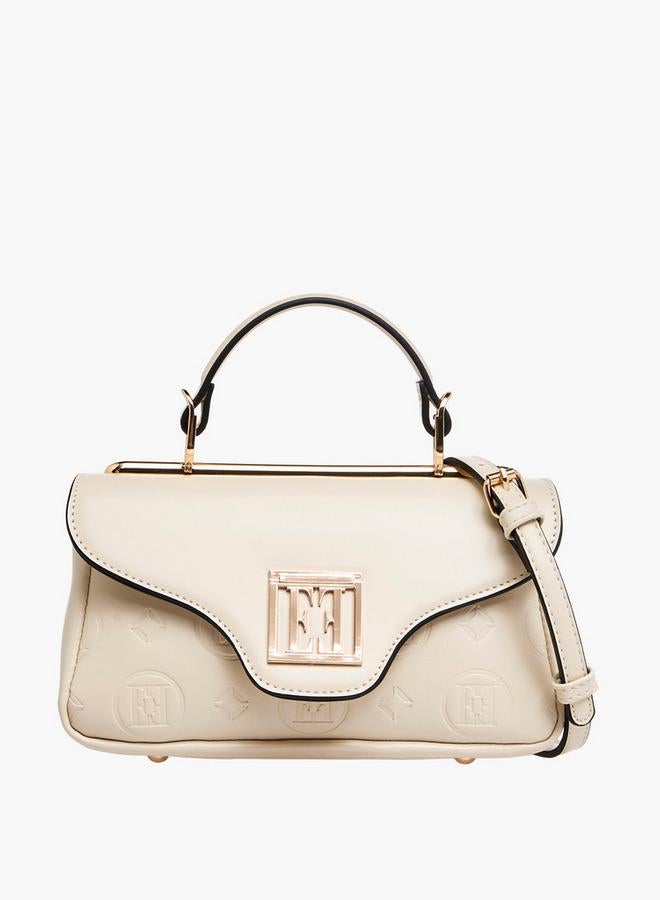 ELLE Monogram Embossed Satchel Bag with Detachable Strap and Flap Closure - Image 1