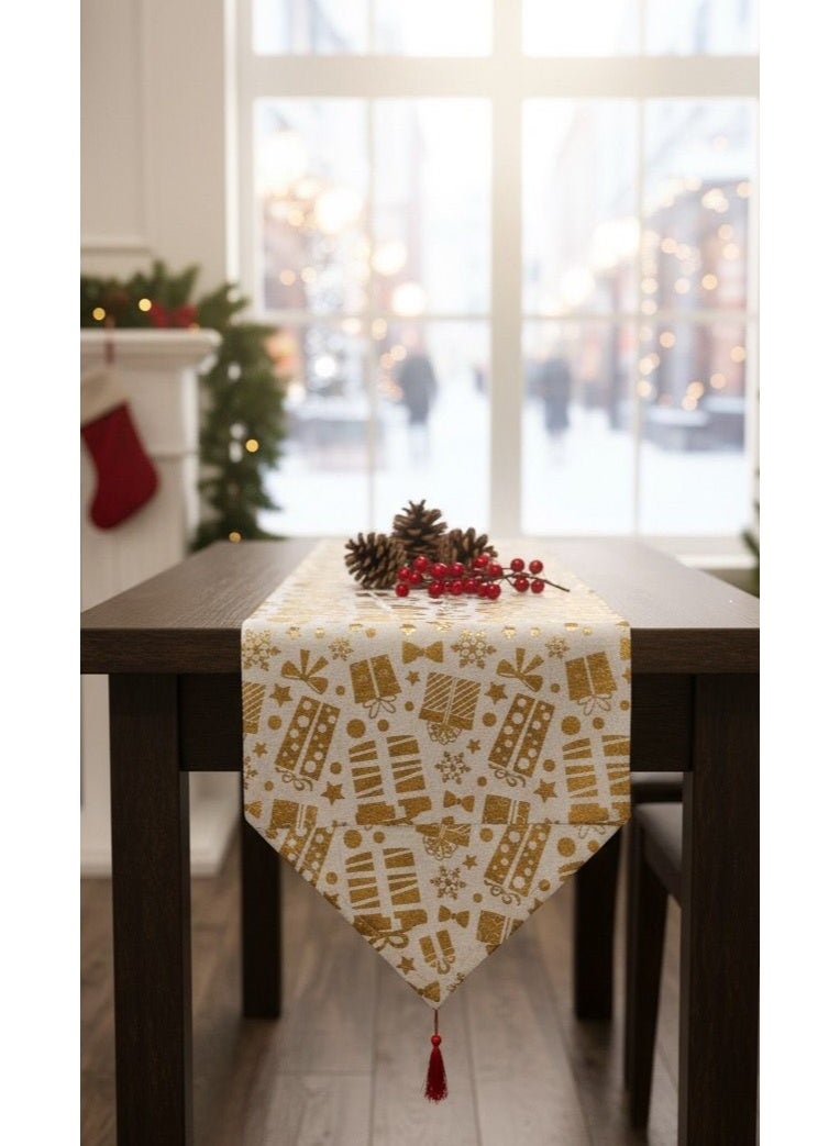 Christmas Table Runner, Christmas Accessories, Decorative Runner with Reindeer, Santa Claus, and Christmas Designs, Linen Fabric, Runner Length: 180 cm