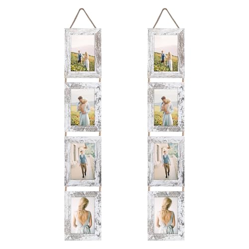 Lavezee 4x6 Hanging Collage Picture Frames Set of 2, 8 Opening Vertical Frame Made to Display 4 by 6 Inch Photo for Wall Decor, Distressed White - Image 1