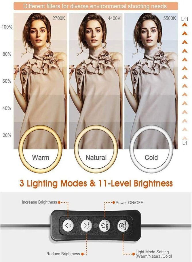 AMERTEER Versatile Selfie Ring Light with Tripod Stand and Cell Phone Holder 3 Modes & 10 Brightness Levels for Flawless Photos and Videos - Image 3