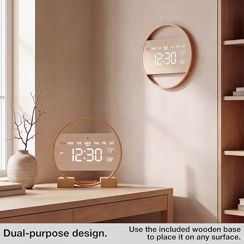 Driini Large Digital Wall Clock -Round Digital Bamboo Wooden Wall Clock with Large Display - LED Wall Clock - Auto-Dimming – Plug in USB with Temperature & Humidity – Large Wall Clock for Living Room. - Image 2