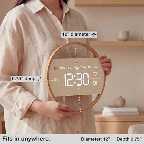 Driini Large Digital Wall Clock -Round Digital Bamboo Wooden Wall Clock with Large Display - LED Wall Clock - Auto-Dimming – Plug in USB with Temperature & Humidity – Large Wall Clock for Living Room. - Image 3