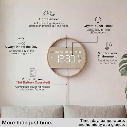 Driini Large Digital Wall Clock -Round Digital Bamboo Wooden Wall Clock with Large Display - LED Wall Clock - Auto-Dimming – Plug in USB with Temperature & Humidity – Large Wall Clock for Living Room. - Image 4