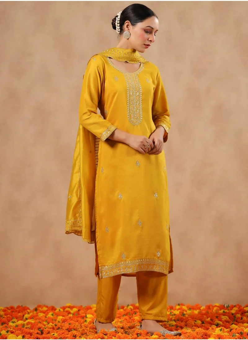 ISHIN Women's Ethnic Wear POLY SILK MUSTARD STRAIGHT Kurta Set w Dupatta