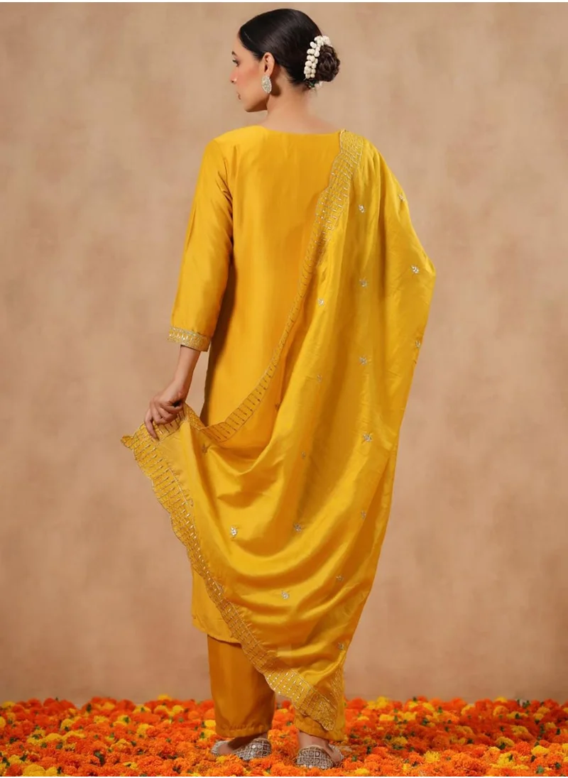 ISHIN Women's Ethnic Wear POLY SILK MUSTARD STRAIGHT Kurta Set w Dupatta