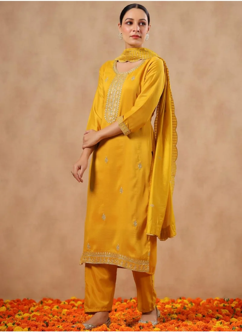 ISHIN Women's Ethnic Wear POLY SILK MUSTARD STRAIGHT Kurta Set w Dupatta