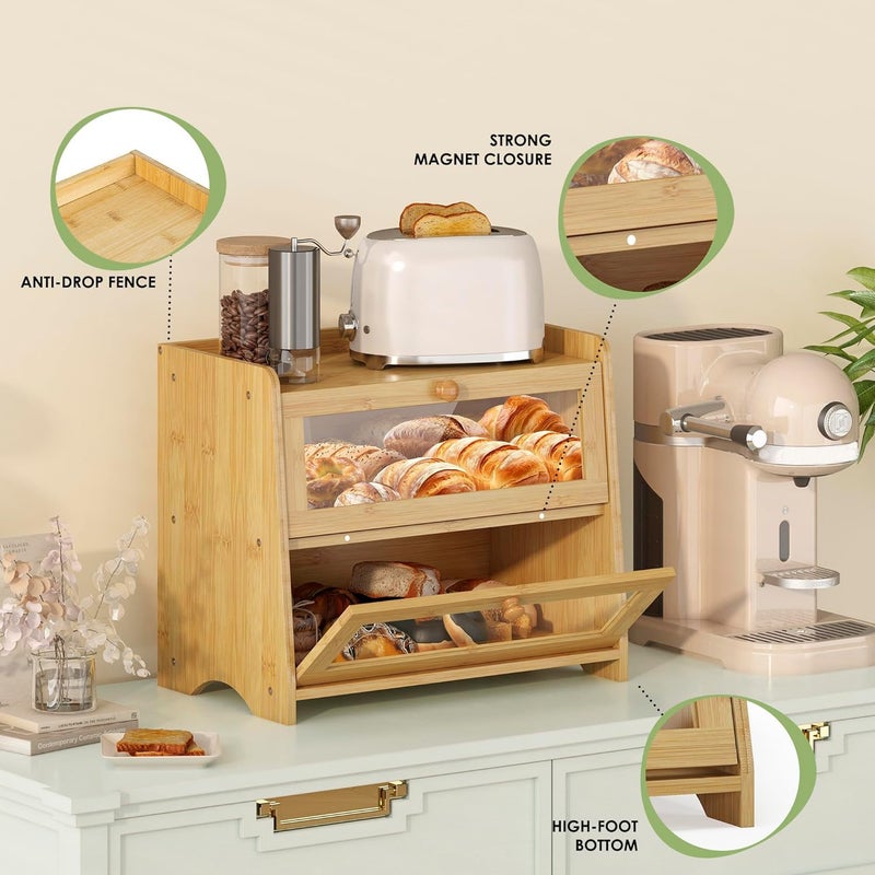 JANSNIMEN Double Layer Bread Box for Kitchen Countertop, Large Breadbox Bread Container Storage with Acrylic Door, Wooden Farmhouse Bread Holder (Bamboo, Medim-15.7" L x 9.5" W x 13" H) - Image 4