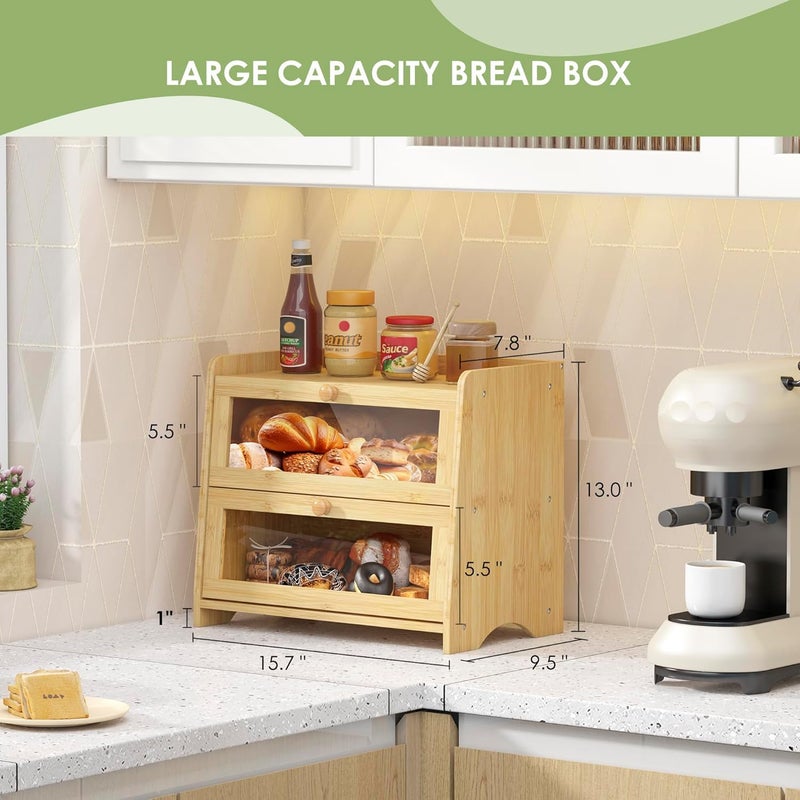 JANSNIMEN Double Layer Bread Box for Kitchen Countertop, Large Breadbox Bread Container Storage with Acrylic Door, Wooden Farmhouse Bread Holder (Bamboo, Medim-15.7" L x 9.5" W x 13" H) - Image 2