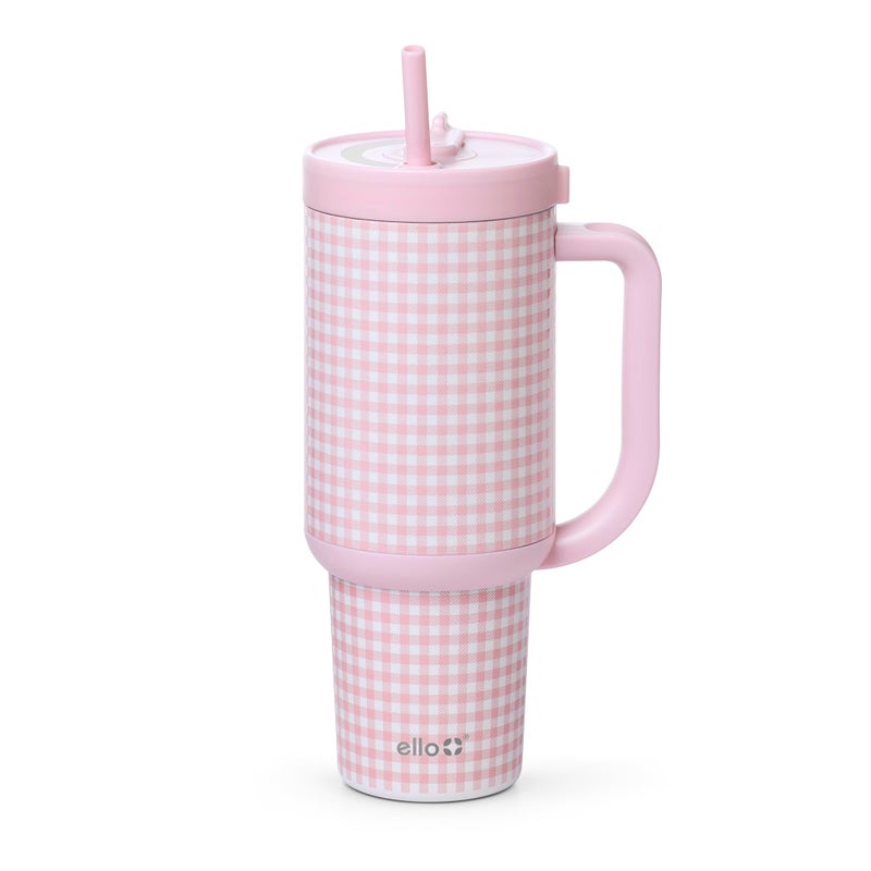 Ello Oasis 40 oz Tumbler with Handle & Retracting Straw | Reusable Insulated Stainless Steel Cup 100% Leakproof, Gifts for Teens Women Men | Keeps cold for 24 Hours, Cup Holder Friendly, Pink Gingham - Image 1