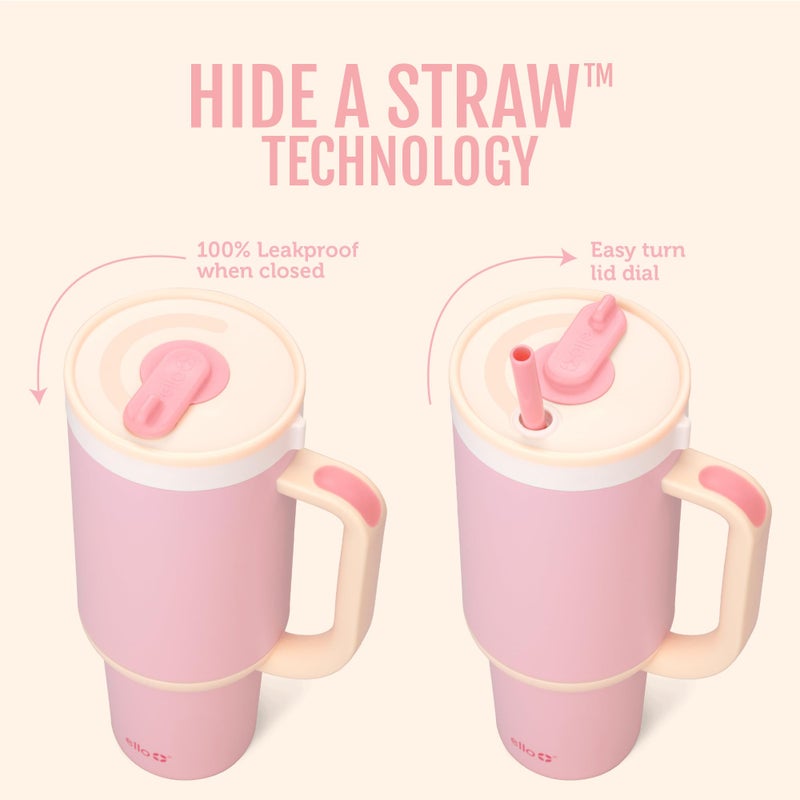 Ello Oasis 40 oz Tumbler with Handle & Retracting Straw | Reusable Insulated Stainless Steel Cup 100% Leakproof, Gifts for Teens Women Men | Keeps cold for 24 Hours, Cup Holder Friendly, Pink Gingham - Image 2