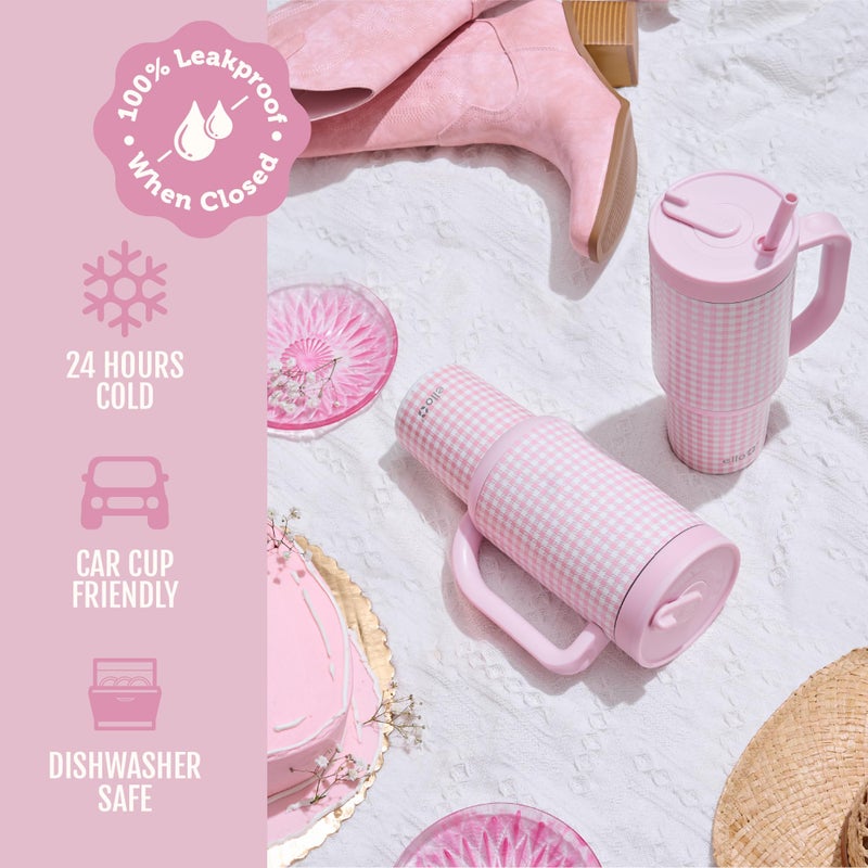 Ello Oasis 40 oz Tumbler with Handle & Retracting Straw | Reusable Insulated Stainless Steel Cup 100% Leakproof, Gifts for Teens Women Men | Keeps cold for 24 Hours, Cup Holder Friendly, Pink Gingham - Image 5