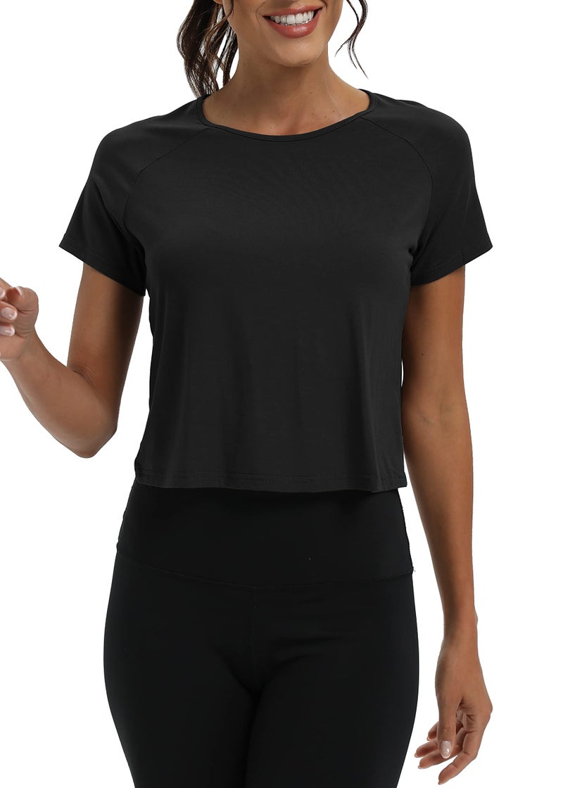 Mippo Short Sleeve Athletic Tops Workout Shirts Exercise Clothes Gym Running Crop Top Tshirts for Women Loose Fit Black M - Image 2