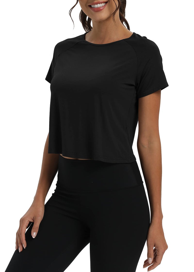 Mippo Short Sleeve Athletic Tops Workout Shirts Exercise Clothes Gym Running Crop Top Tshirts for Women Loose Fit Black M - Image 3