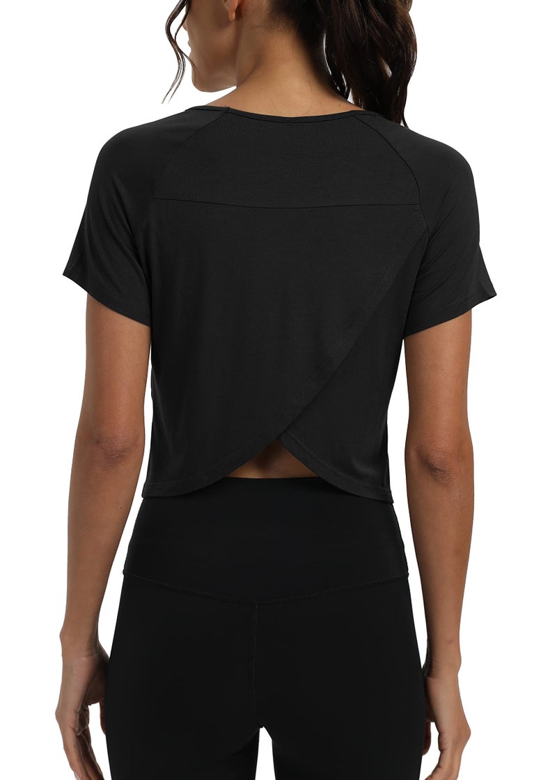 Mippo Short Sleeve Athletic Tops Workout Shirts Exercise Clothes Gym Running Crop Top Tshirts for Women Loose Fit Black M - Image 5