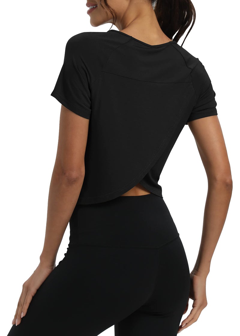 Mippo Short Sleeve Athletic Tops Workout Shirts Exercise Clothes Gym Running Crop Top Tshirts for Women Loose Fit Black M - Image 4
