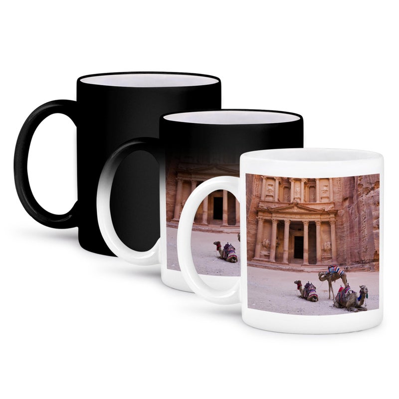 3dRose mug_132784_3 Camel, Facade of Treasury (Al Khazneh), Petra, Jordan As16 Ksu0059 Keren Su Magic Transforming Mug, 11-Ounce - Image 1