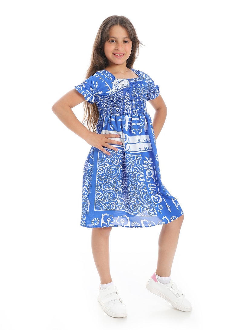 Andora Puff Sleeves Slip On Girls Dress _ Blue & White - Image 4