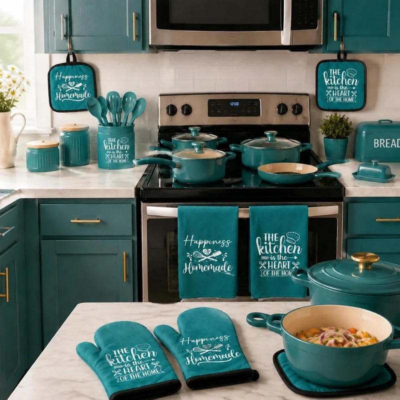 Sratte 6 Pcs Farmhouse Kitchen Towels Pot Holders Oven Mitts Set 2 Dish Towels 2 Potholders 2 Cooking Mittens Oven Glove for Baking Cooking Grilling Supply(Teal) - Image 2