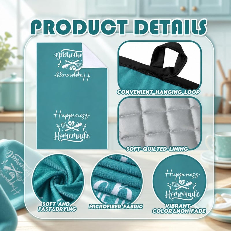Sratte 6 Pcs Farmhouse Kitchen Towels Pot Holders Oven Mitts Set 2 Dish Towels 2 Potholders 2 Cooking Mittens Oven Glove for Baking Cooking Grilling Supply(Teal) - Image 5