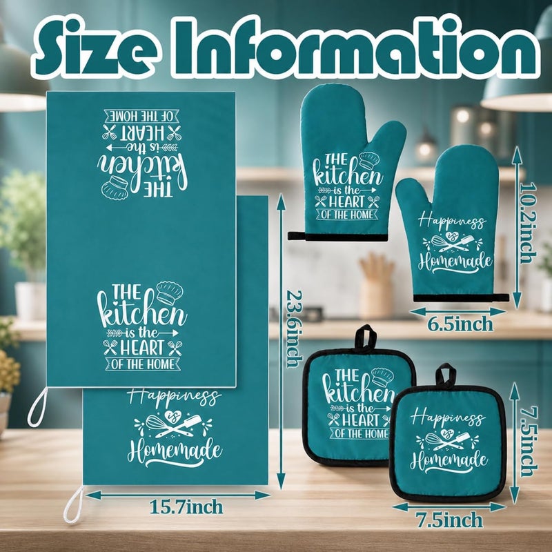 Sratte 6 Pcs Farmhouse Kitchen Towels Pot Holders Oven Mitts Set 2 Dish Towels 2 Potholders 2 Cooking Mittens Oven Glove for Baking Cooking Grilling Supply(Teal) - Image 3