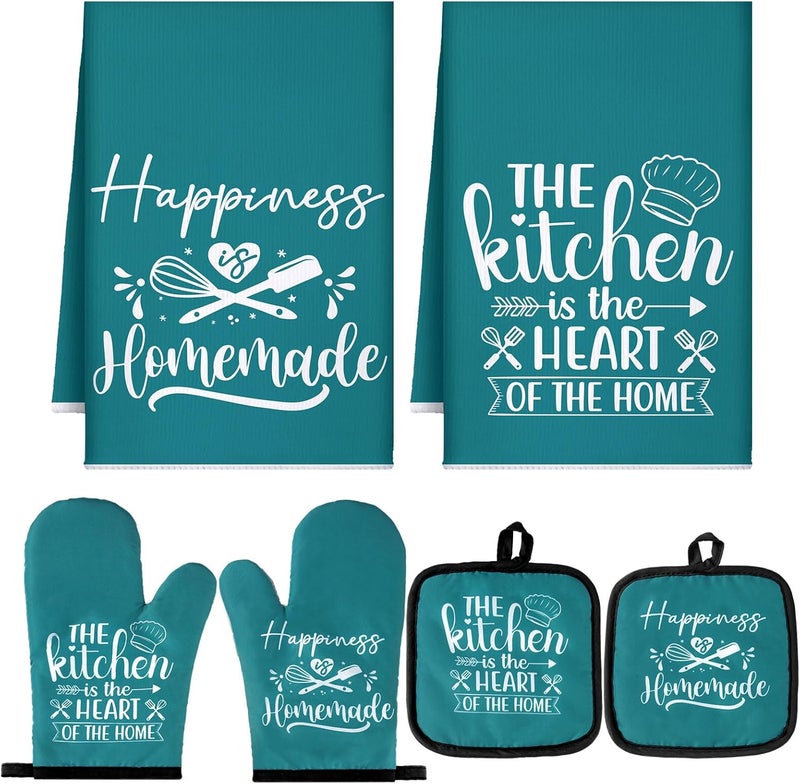 Sratte 6 Pcs Farmhouse Kitchen Towels Pot Holders Oven Mitts Set 2 Dish Towels 2 Potholders 2 Cooking Mittens Oven Glove for Baking Cooking Grilling Supply(Teal) - Image 1