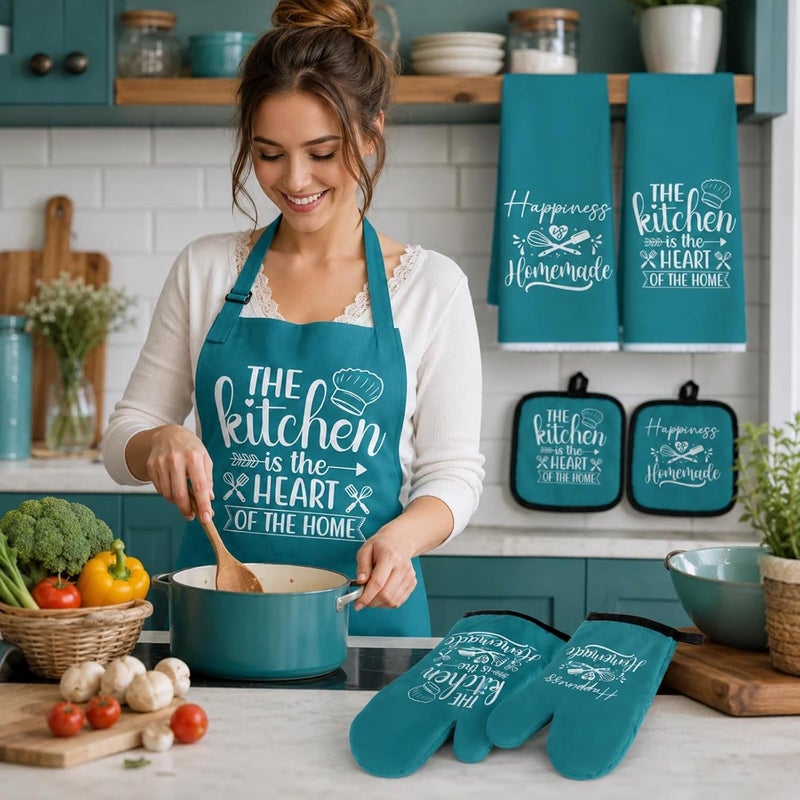 Sratte 6 Pcs Farmhouse Kitchen Towels Pot Holders Oven Mitts Set 2 Dish Towels 2 Potholders 2 Cooking Mittens Oven Glove for Baking Cooking Grilling Supply(Teal) - Image 4